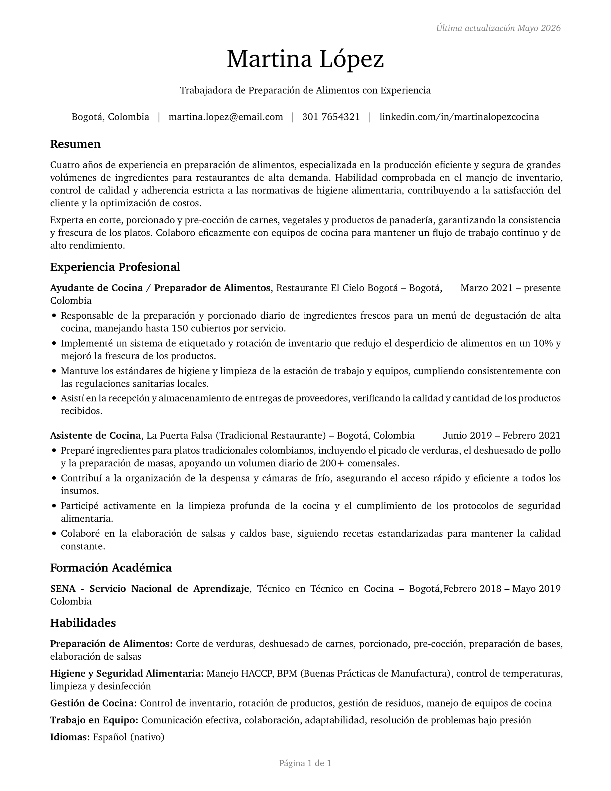 Food Preparation Workers CV in Spanish — page 1