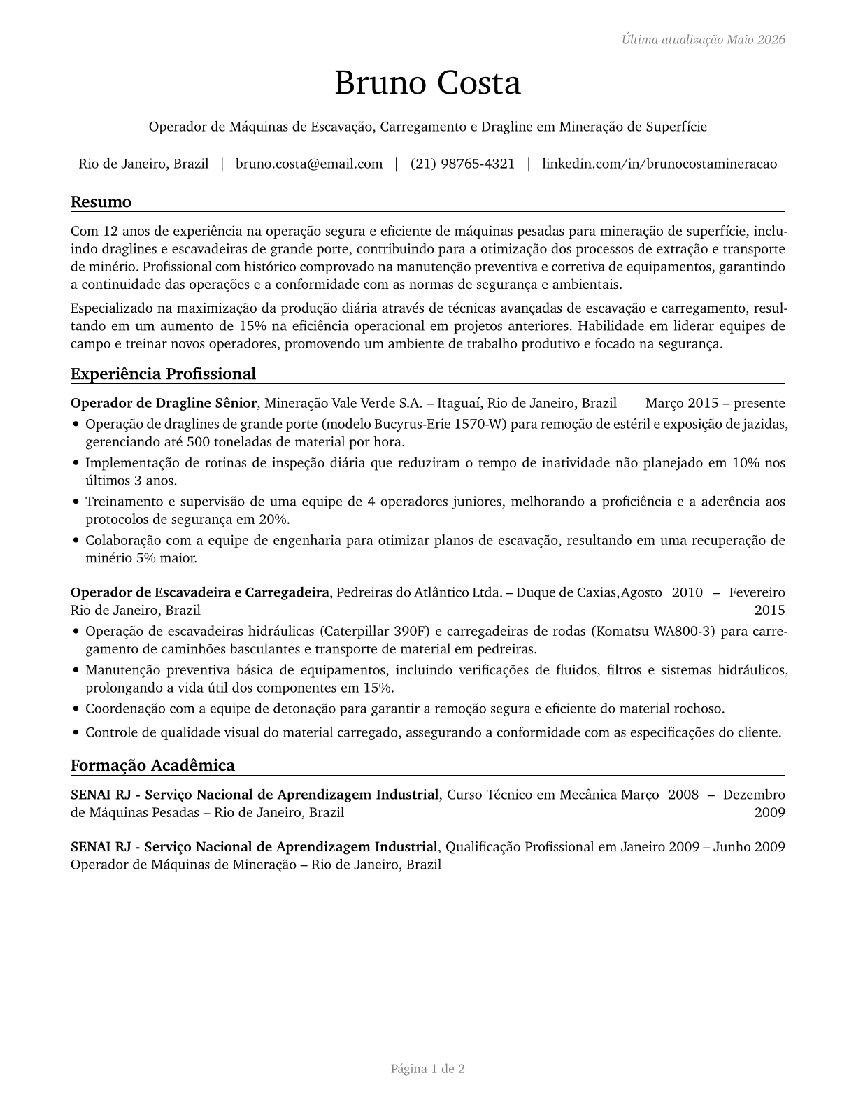 Excavating and Loading Machine and Dragline Operators, Surface Mining CV in Portuguese — page 1