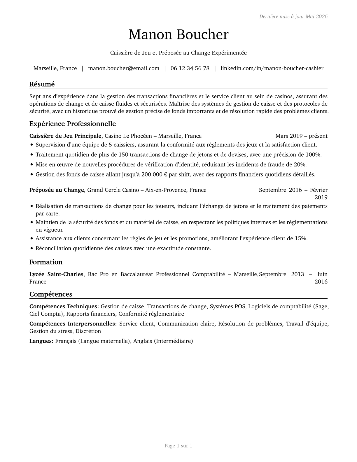 Gambling Change Persons and Booth Cashiers CV in French — page 1