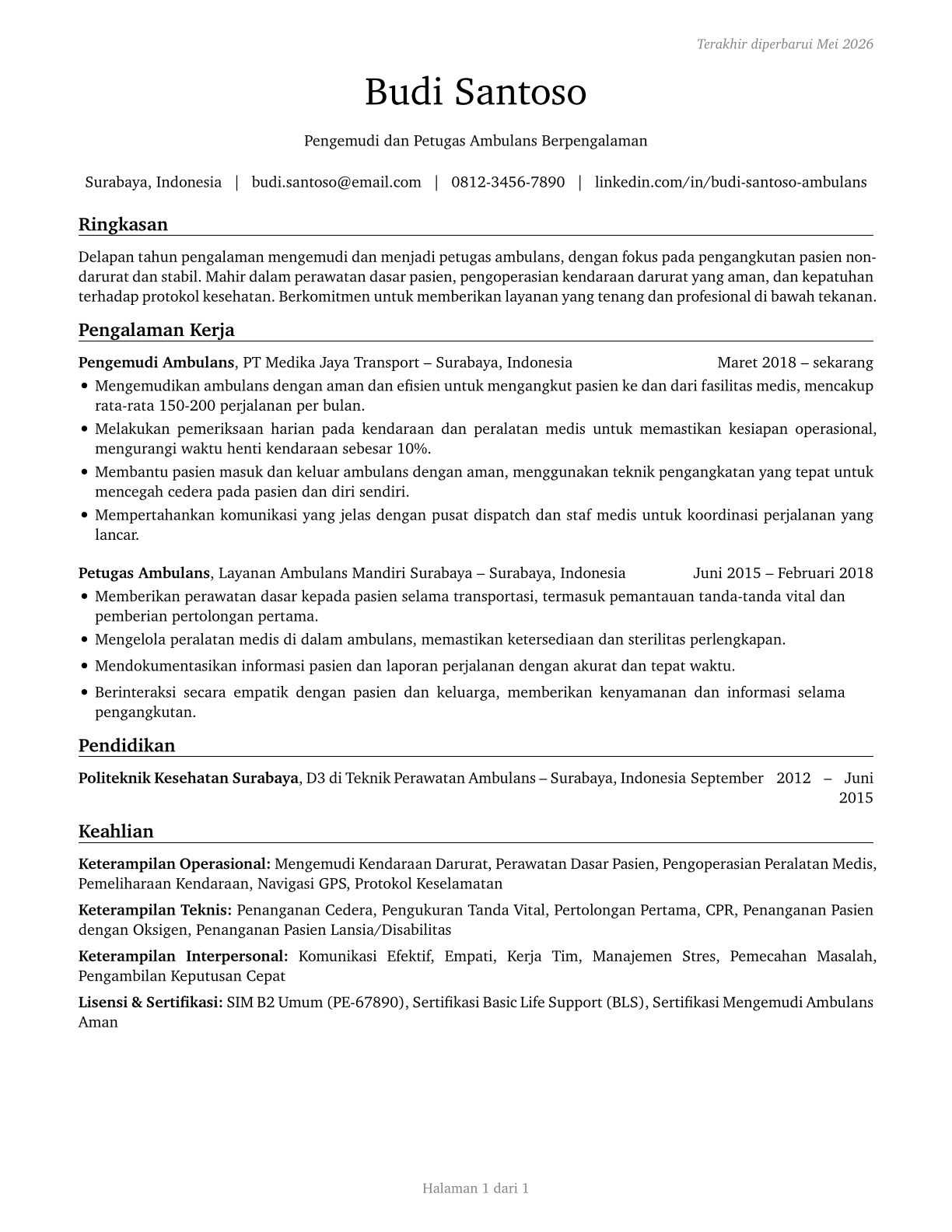 Ambulance Drivers and Attendants, Except Emergency Medical Technicians CV in Indonesian — page 1