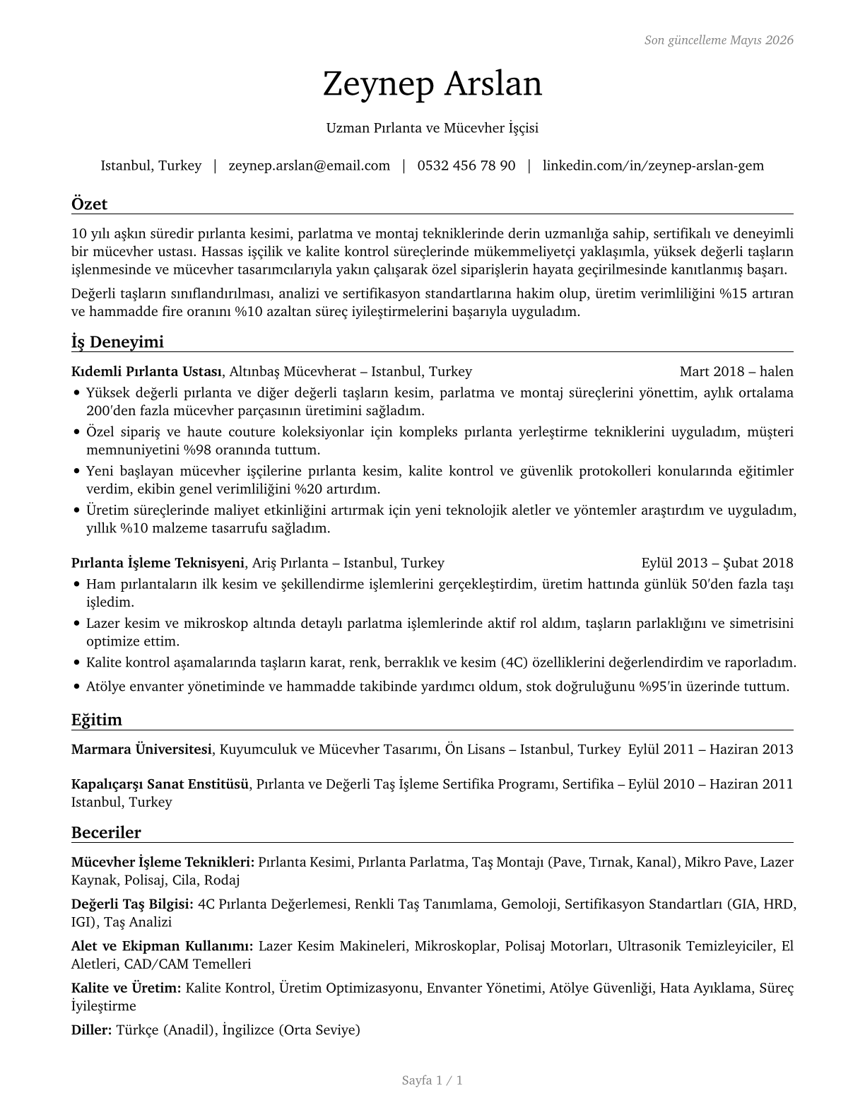 Gem and Diamond Workers CV in Turkish — page 1