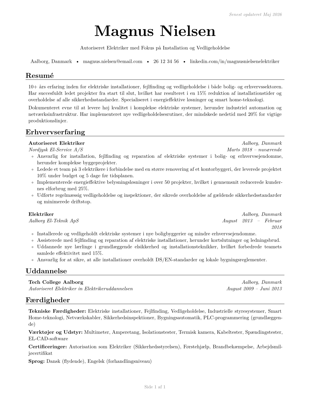 Electricians CV in Danish — page 1