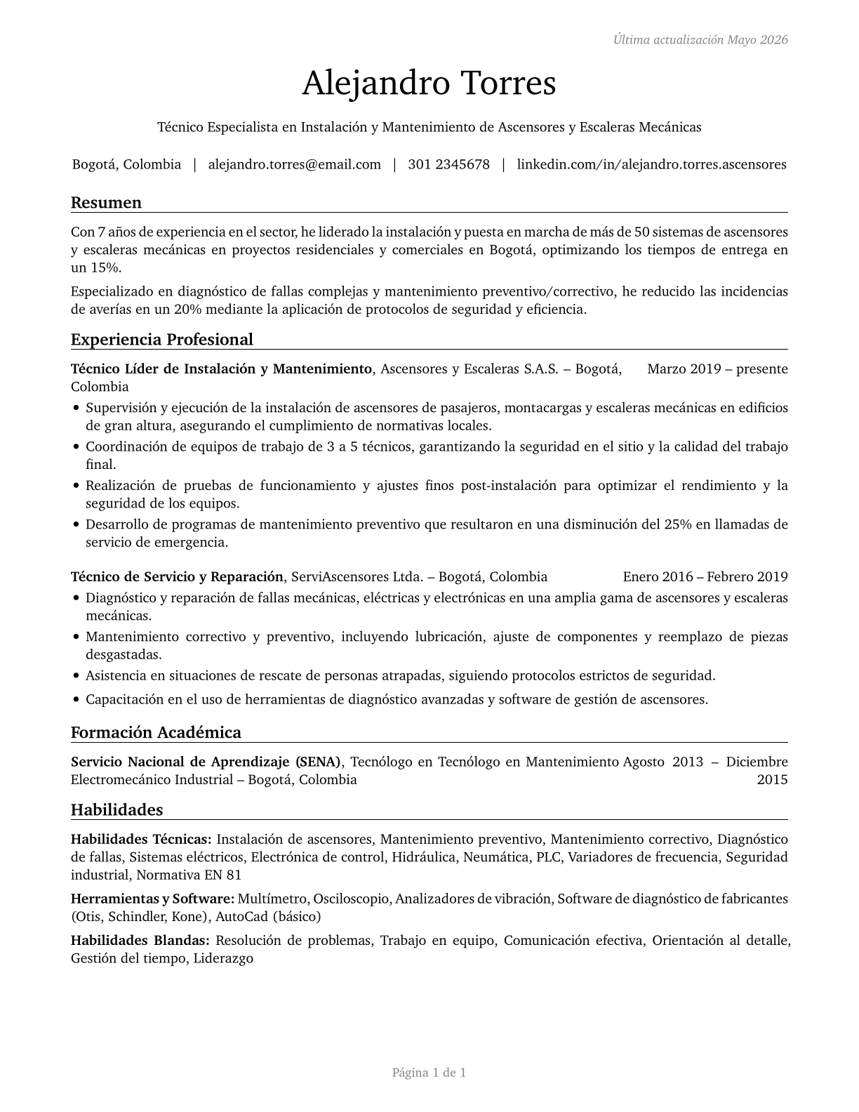 Elevator and Escalator Installers and Repairers CV in Spanish — page 1