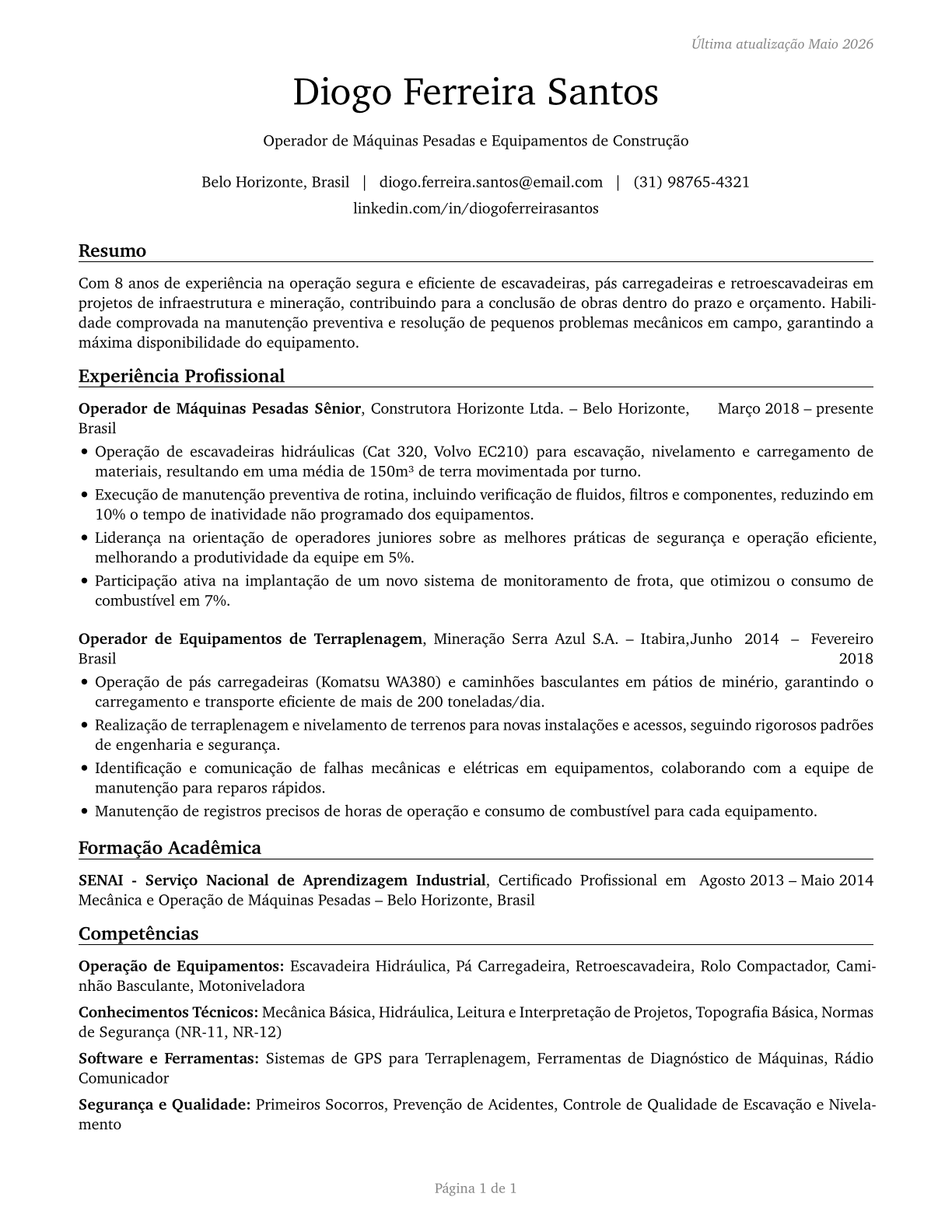 Operating Engineers and Other Construction Equipment Operators CV in Portuguese — page 1