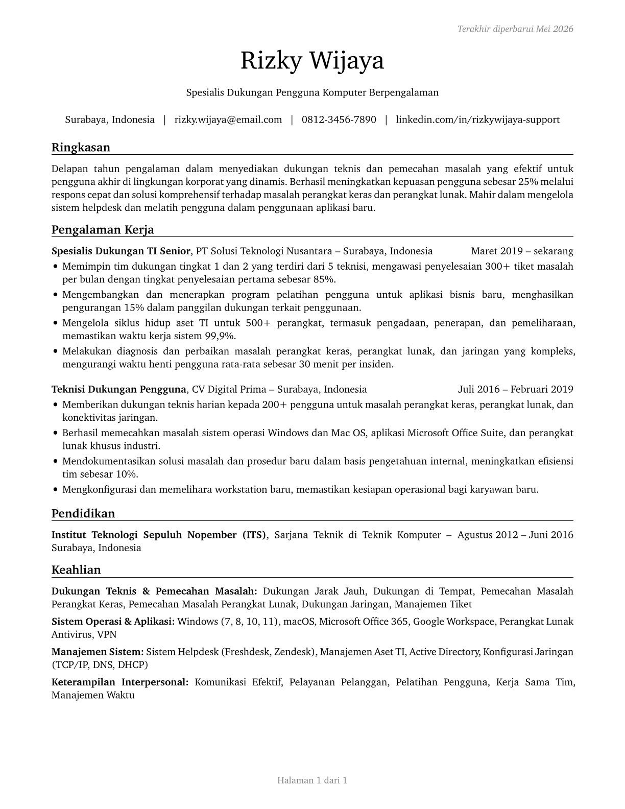 Computer User Support Specialists CV in Indonesian — page 1