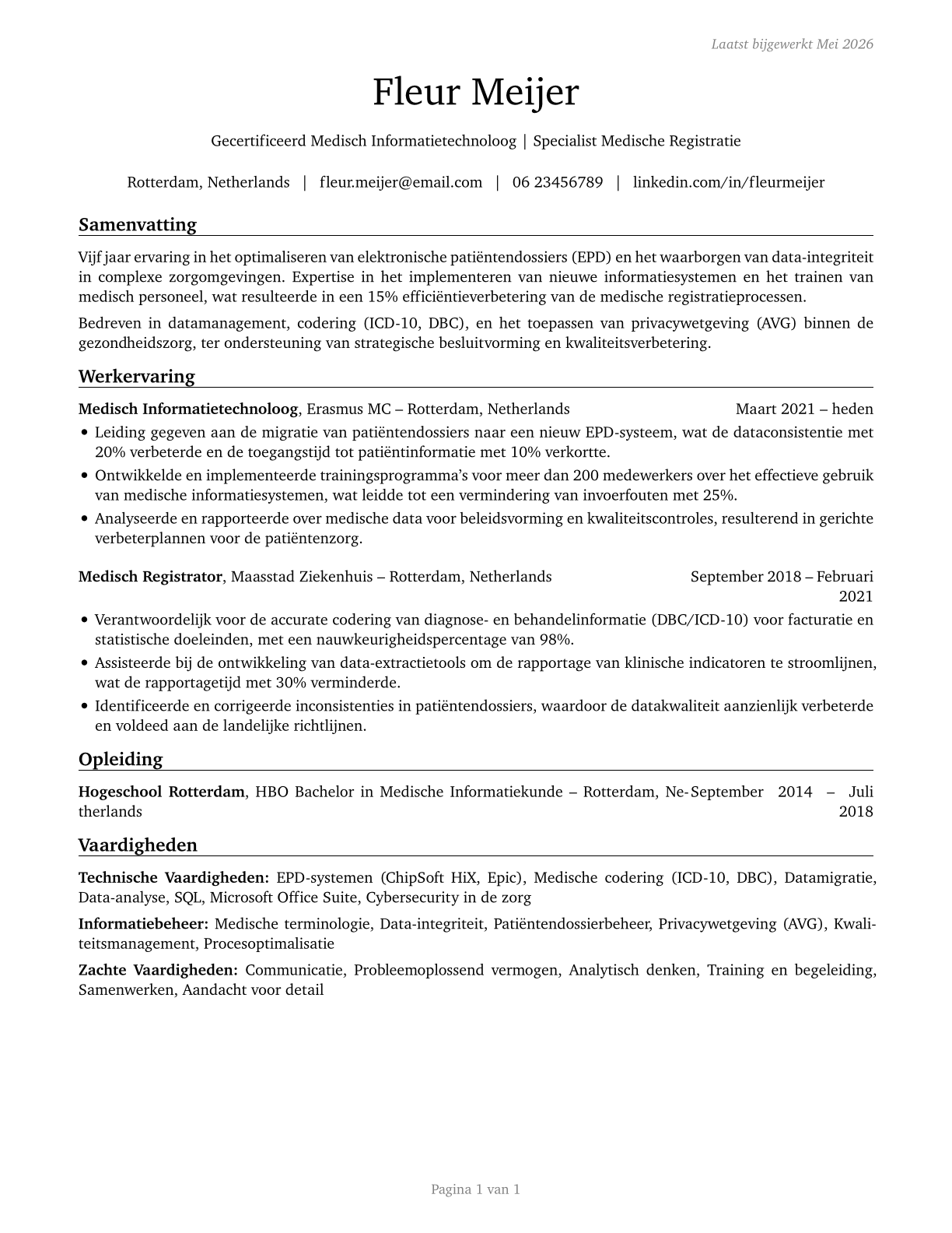 Health Information Technologists and Medical Registrars CV in Dutch — page 1