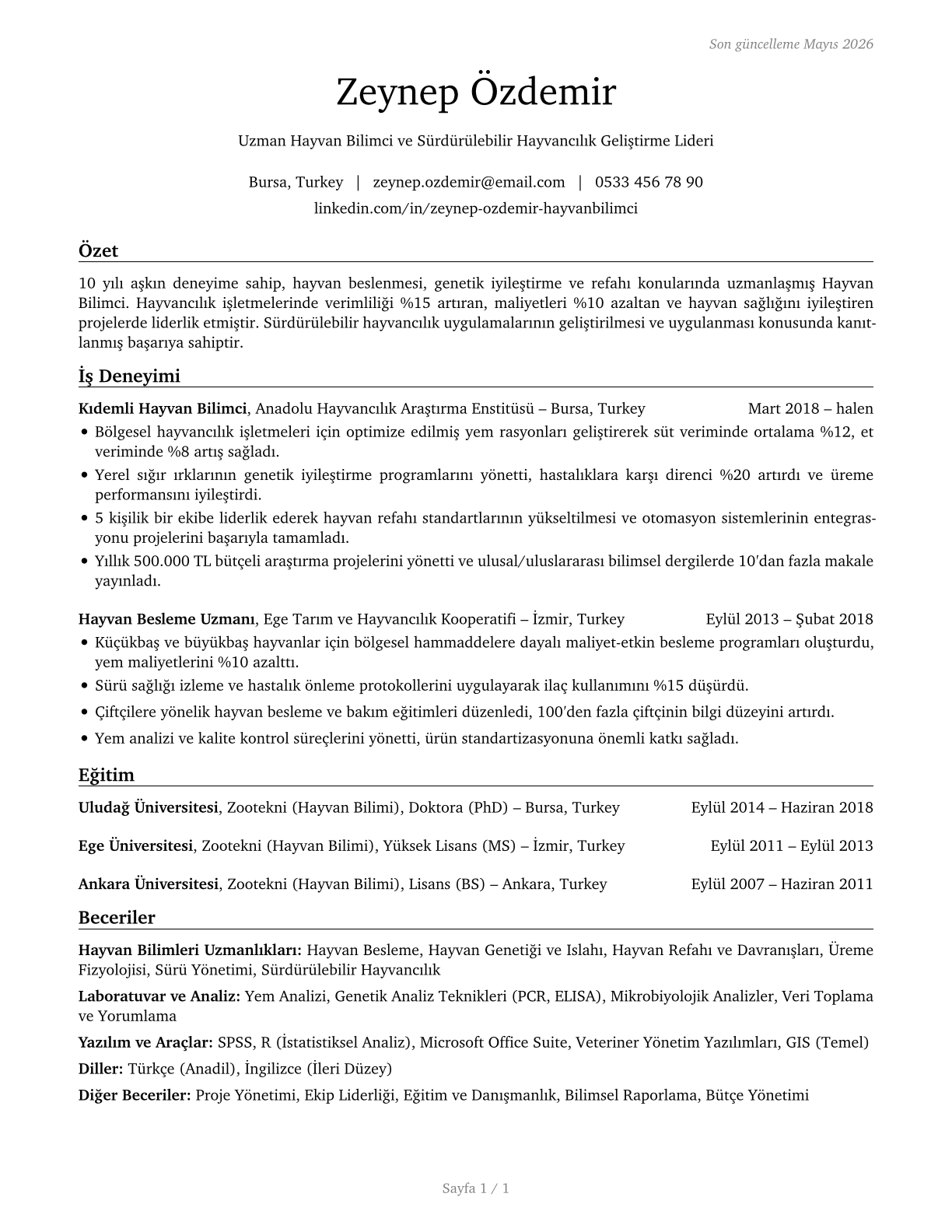 Animal Scientists CV in Turkish — page 1