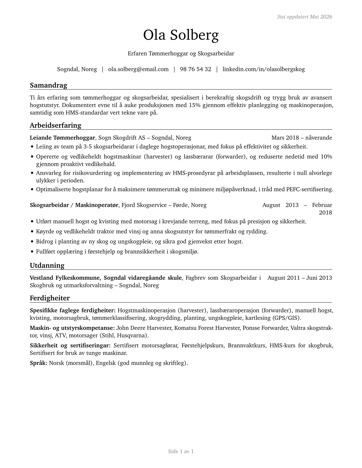 Logging Workers, All Other CV in Norwegian_nynorsk — page 1