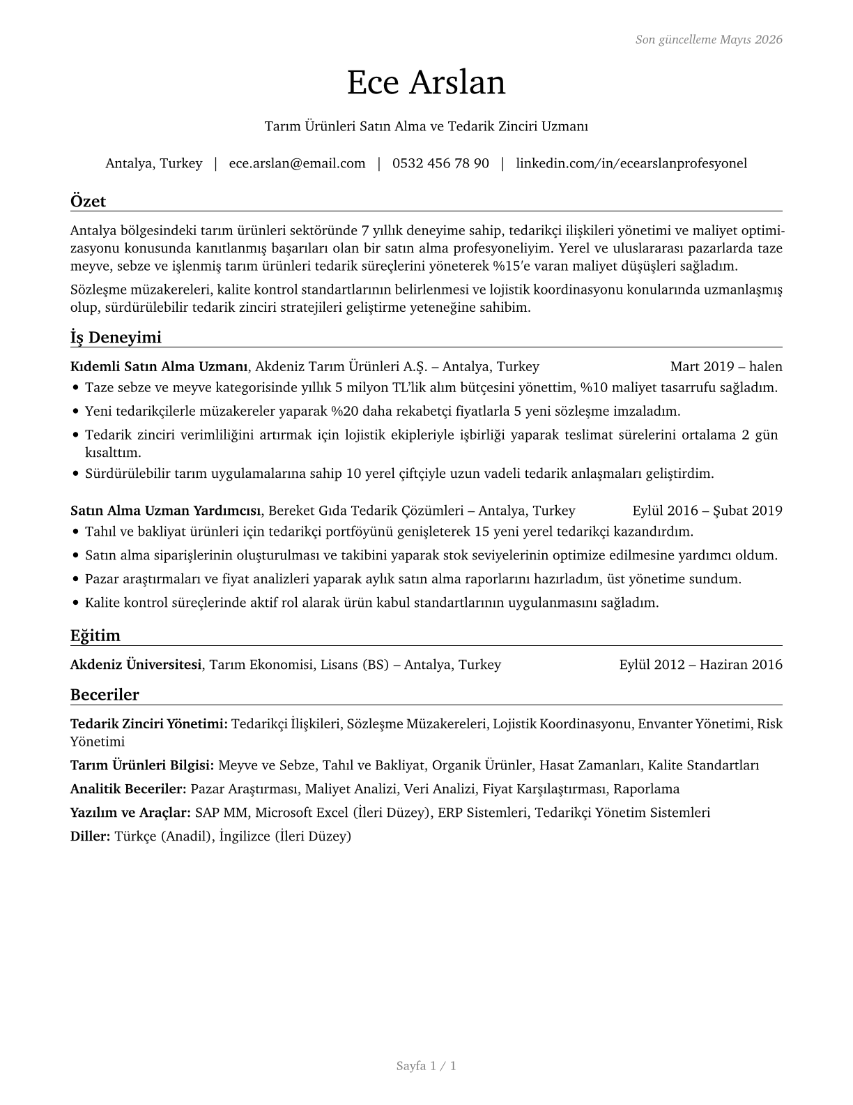 Buyers and Purchasing Agents, Farm Products CV in Turkish — page 1