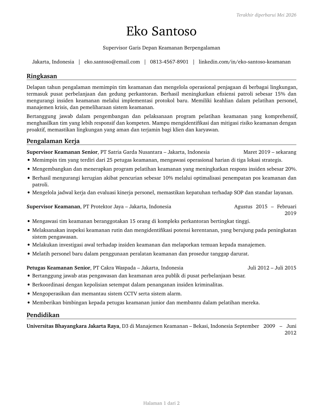 First-Line Supervisors of Security Workers CV in Indonesian — page 1