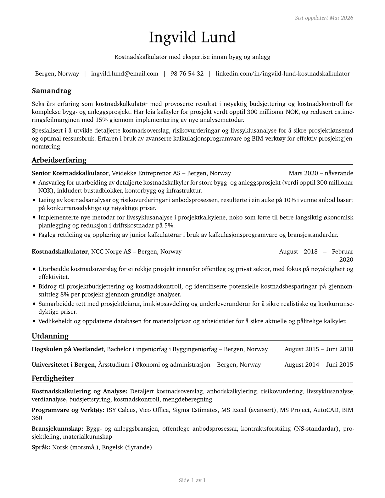 Cost Estimators CV in Norwegian_nynorsk — page 1
