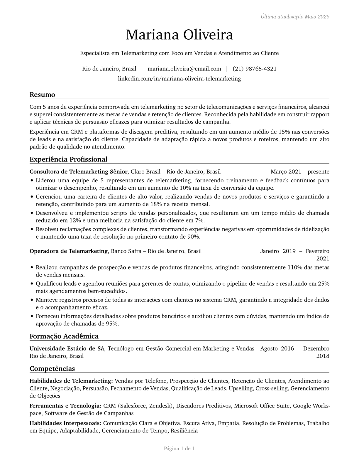 Telemarketers CV in Portuguese — page 1