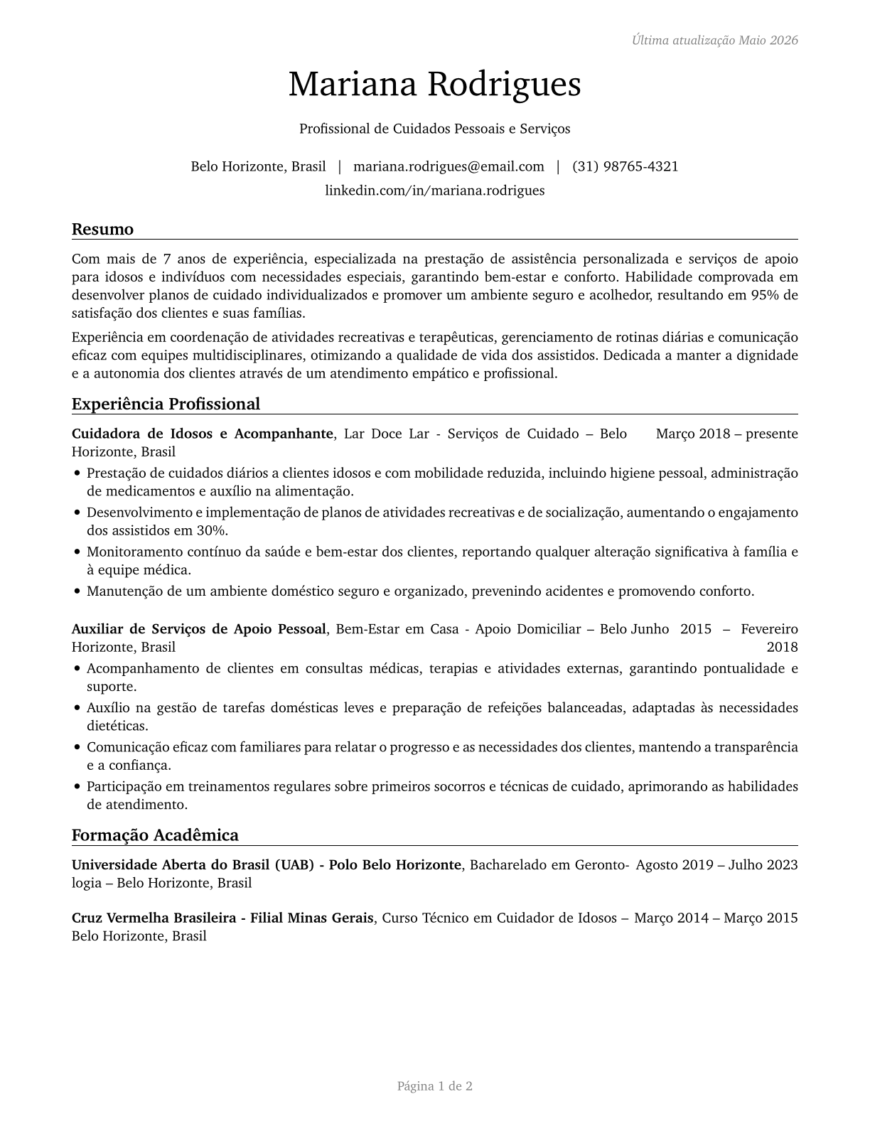 Personal Care and Service Workers, All Other CV in Portuguese — page 1