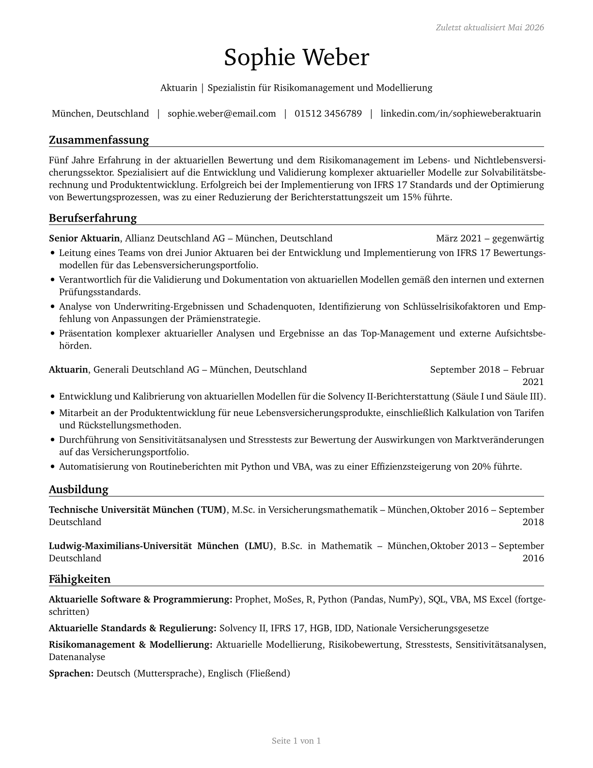 Actuaries CV in German — page 1