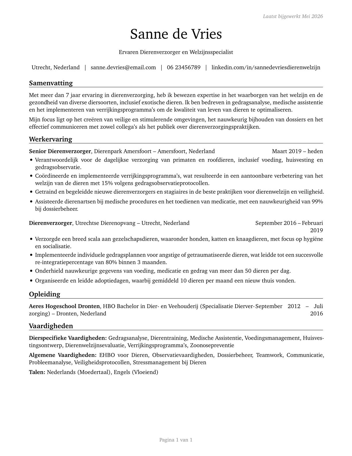 Animal Caretakers CV in Dutch — page 1