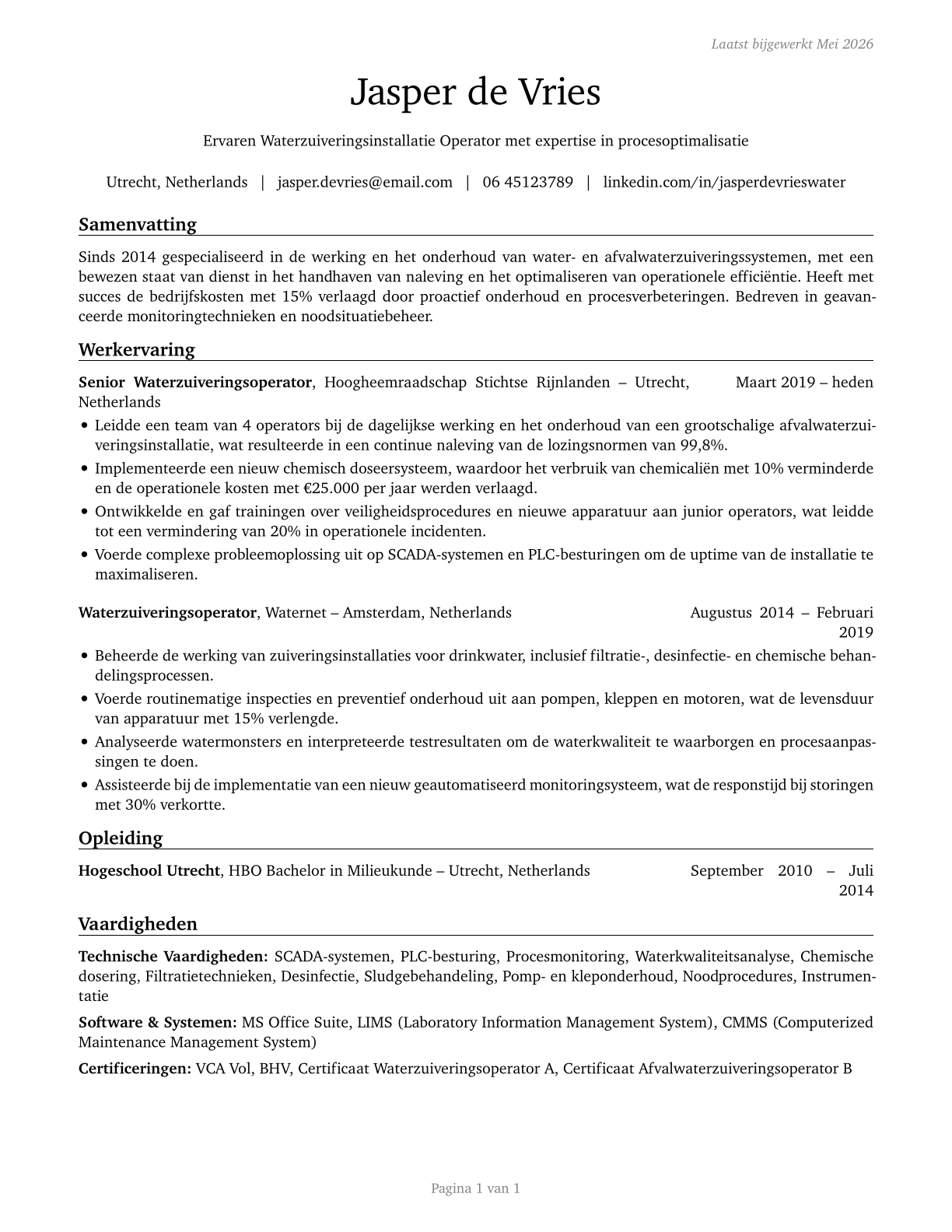 Water and Wastewater Treatment Plant and System Operators CV in Dutch — page 1