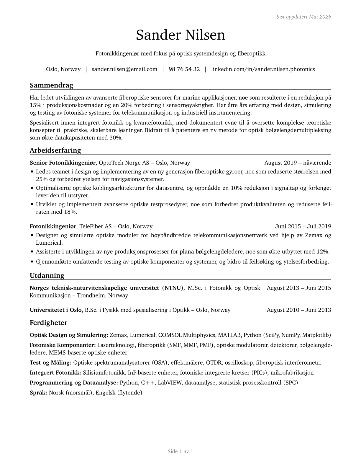 Photonics Engineers CV in Norwegian_bokmal — page 1