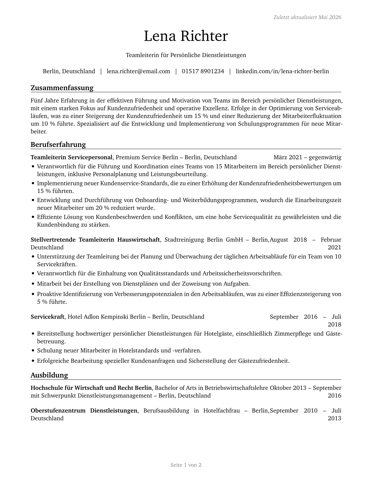 First-Line Supervisors of Personal Service Workers CV in German — page 1