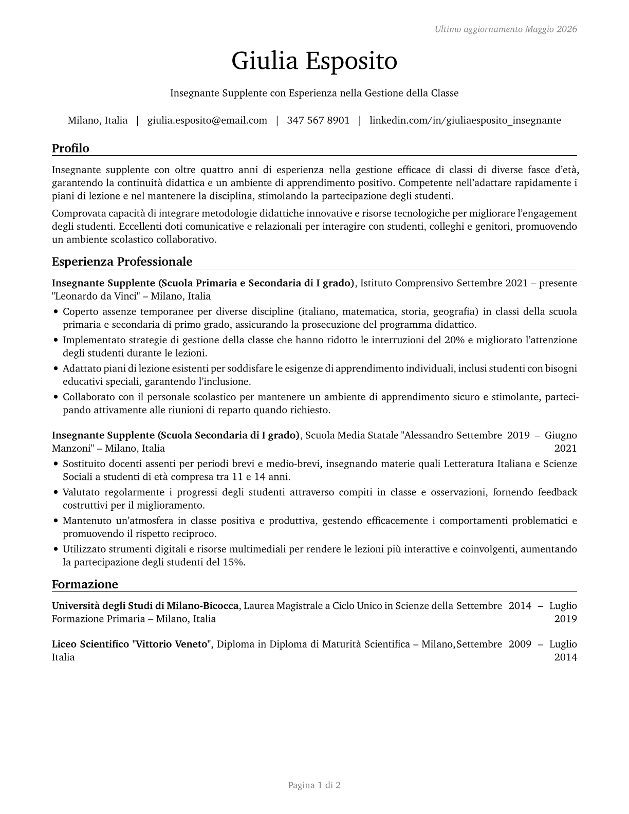 Substitute Teachers, Short-Term CV in Italian — page 1
