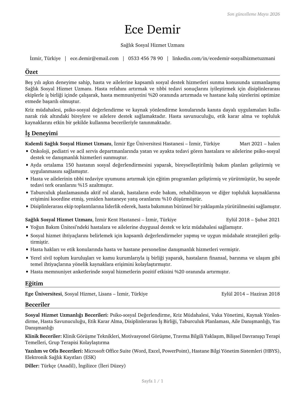 Healthcare Social Workers CV in Turkish — page 1