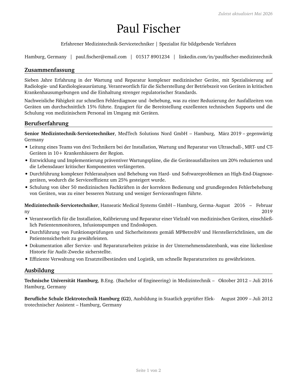 Medical Equipment Repairers CV in German — page 1