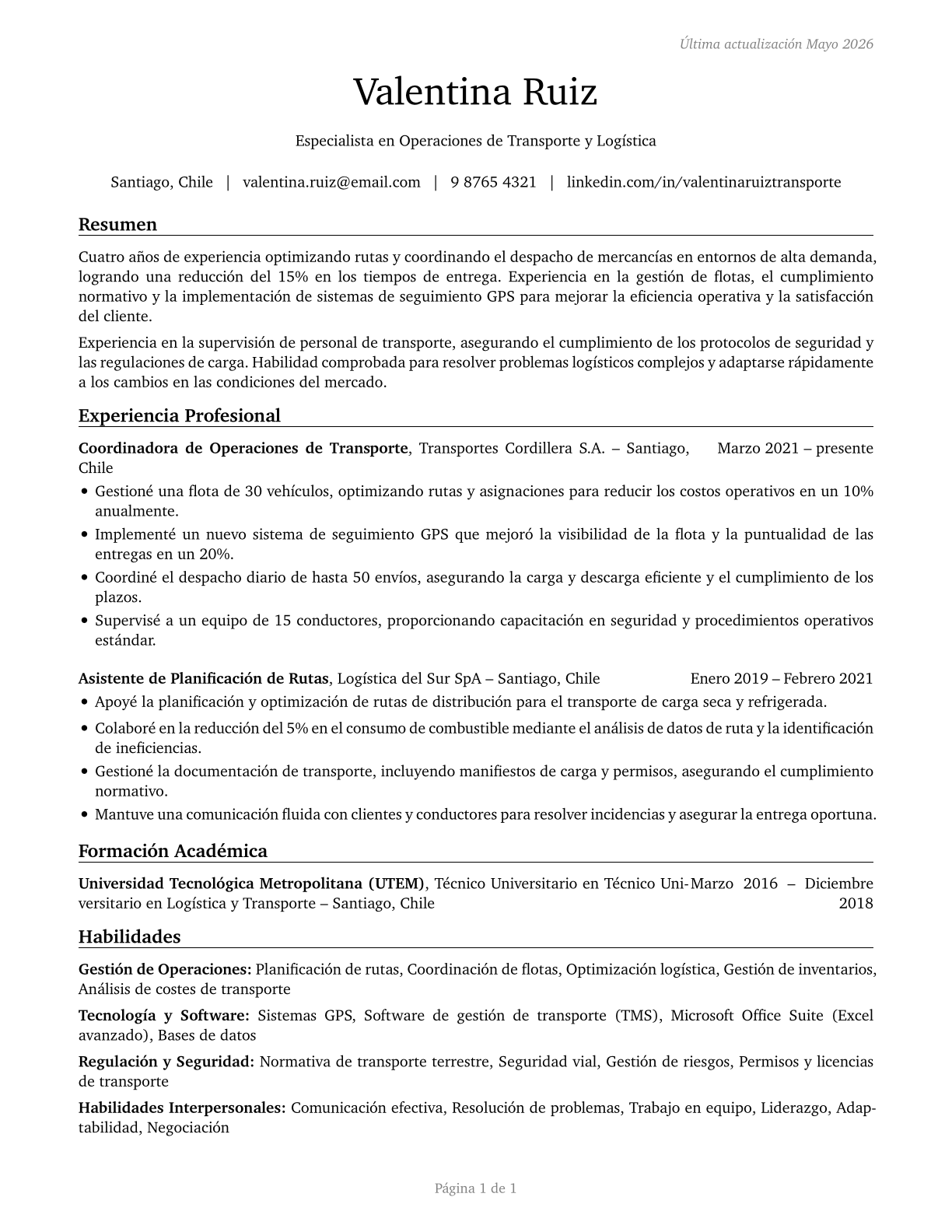 Transportation Workers, All Other CV in Spanish — page 1