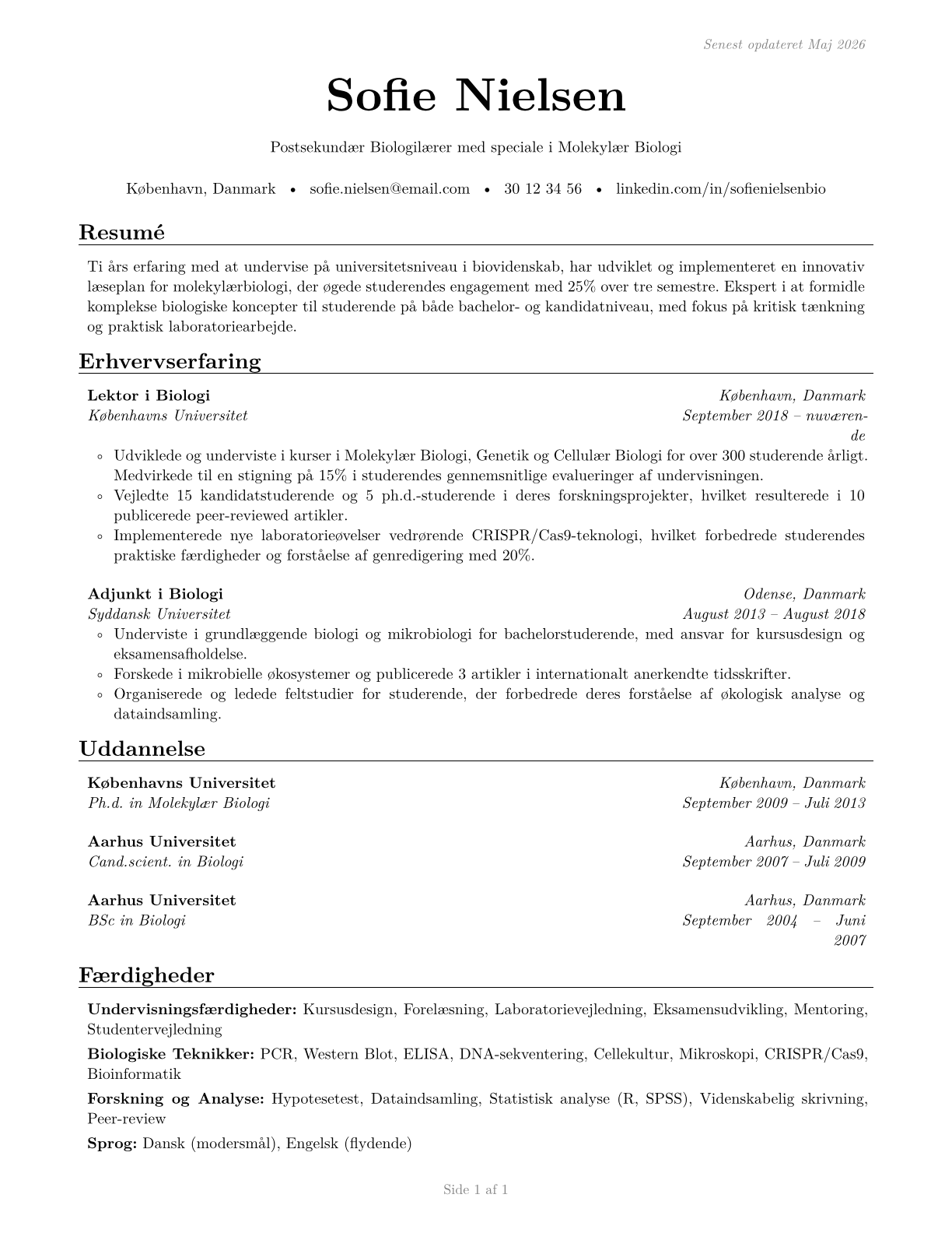 Biological Science Teachers, Postsecondary CV in Danish — page 1