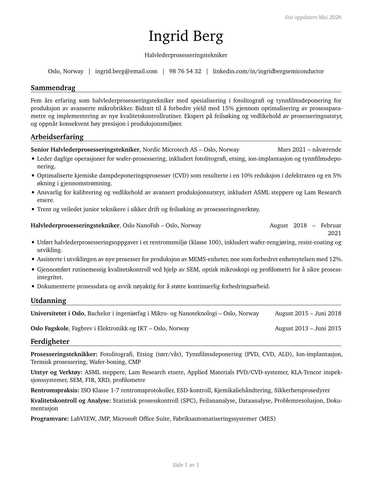 Semiconductor Processing Technicians CV in Norwegian_bokmal — page 1