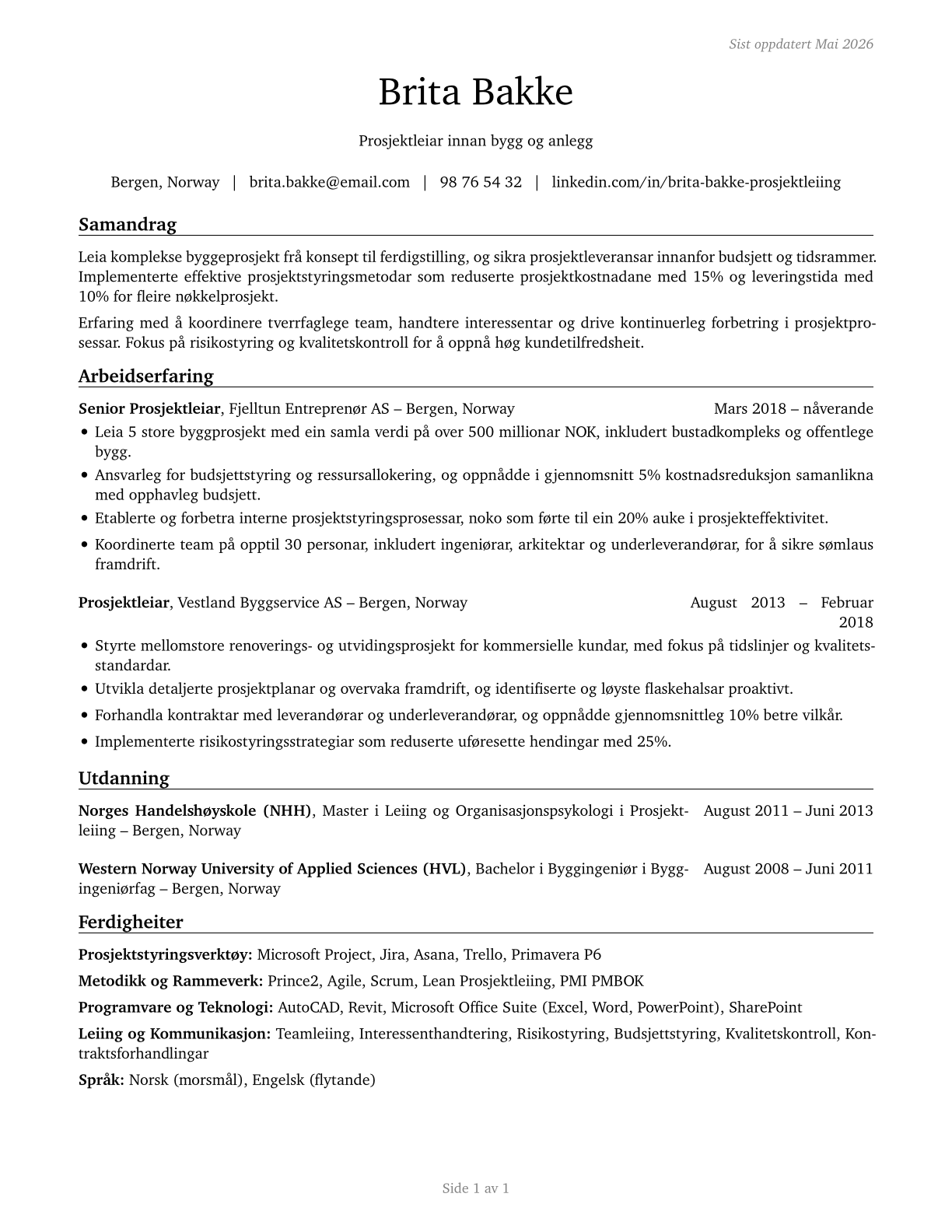 Project Management Specialists CV in Norwegian_nynorsk — page 1