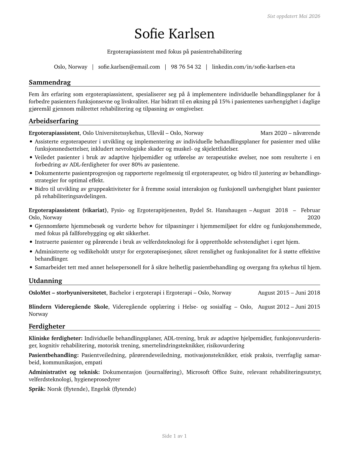 Occupational Therapy Assistants CV in Norwegian_bokmal — page 1