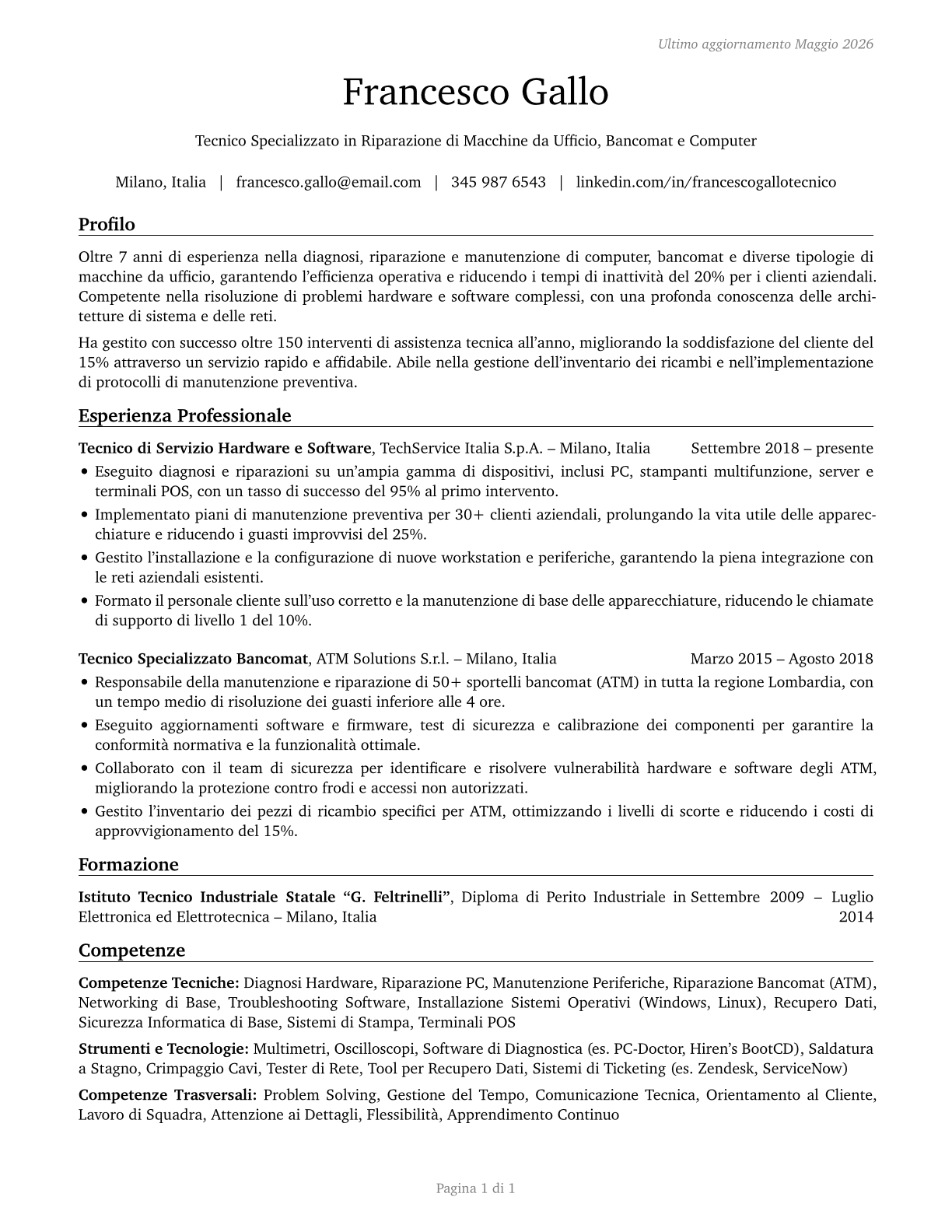 Computer, Automated Teller, and Office Machine Repairers CV in Italian — page 1