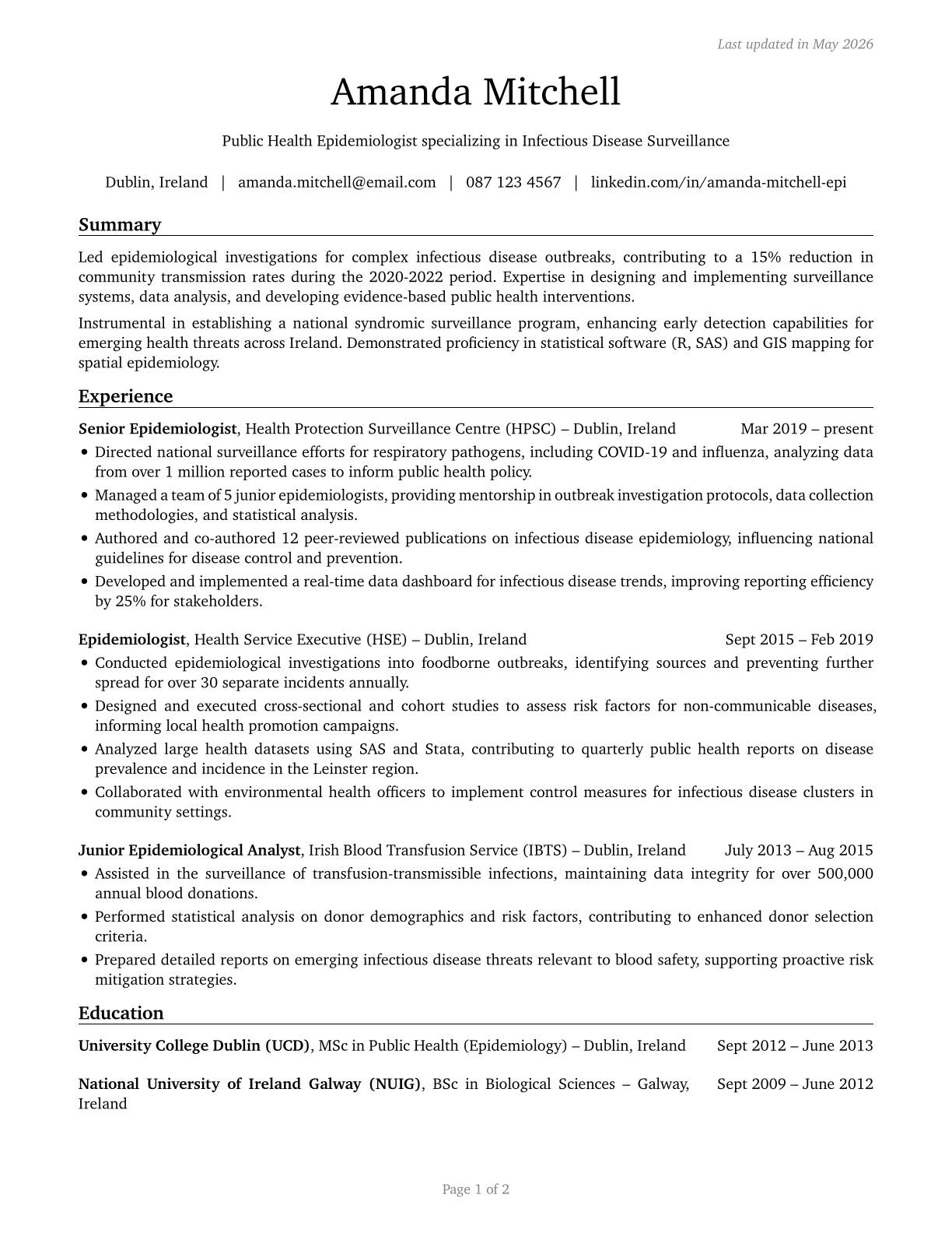Epidemiologists CV in English — page 1