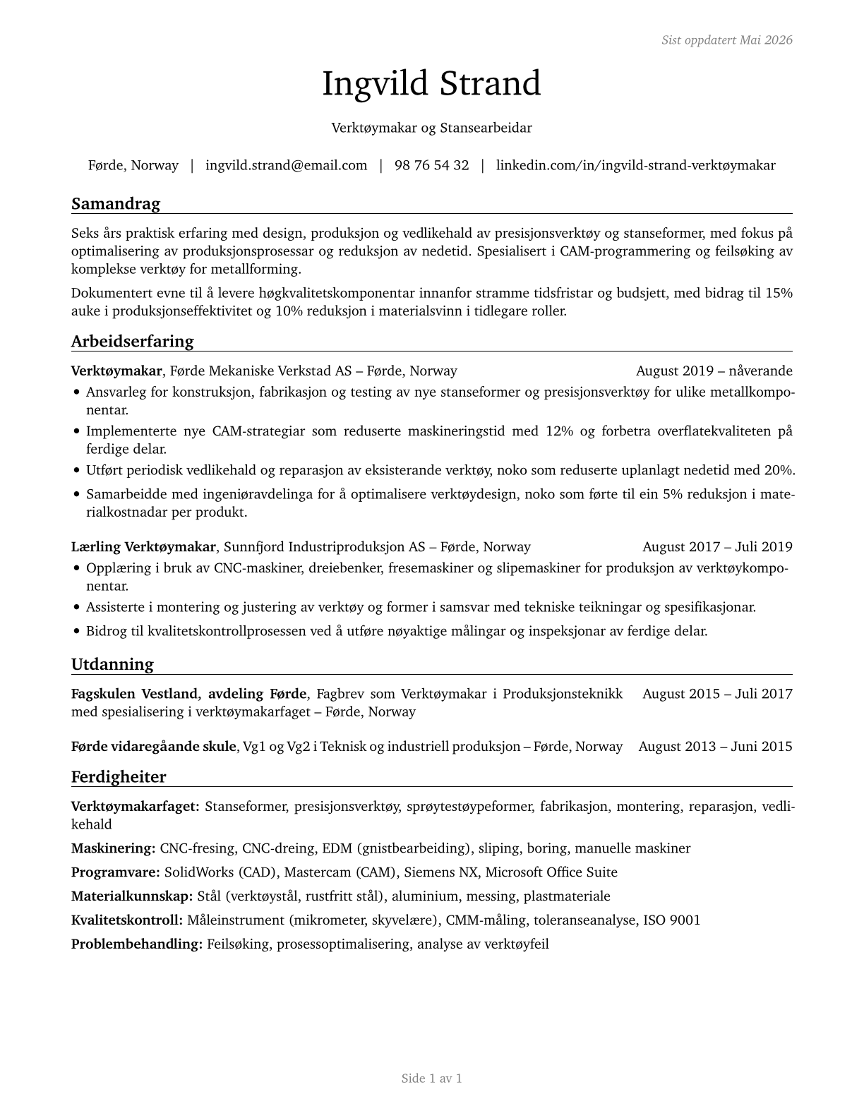 Tool and Die Makers CV in Norwegian_nynorsk — page 1