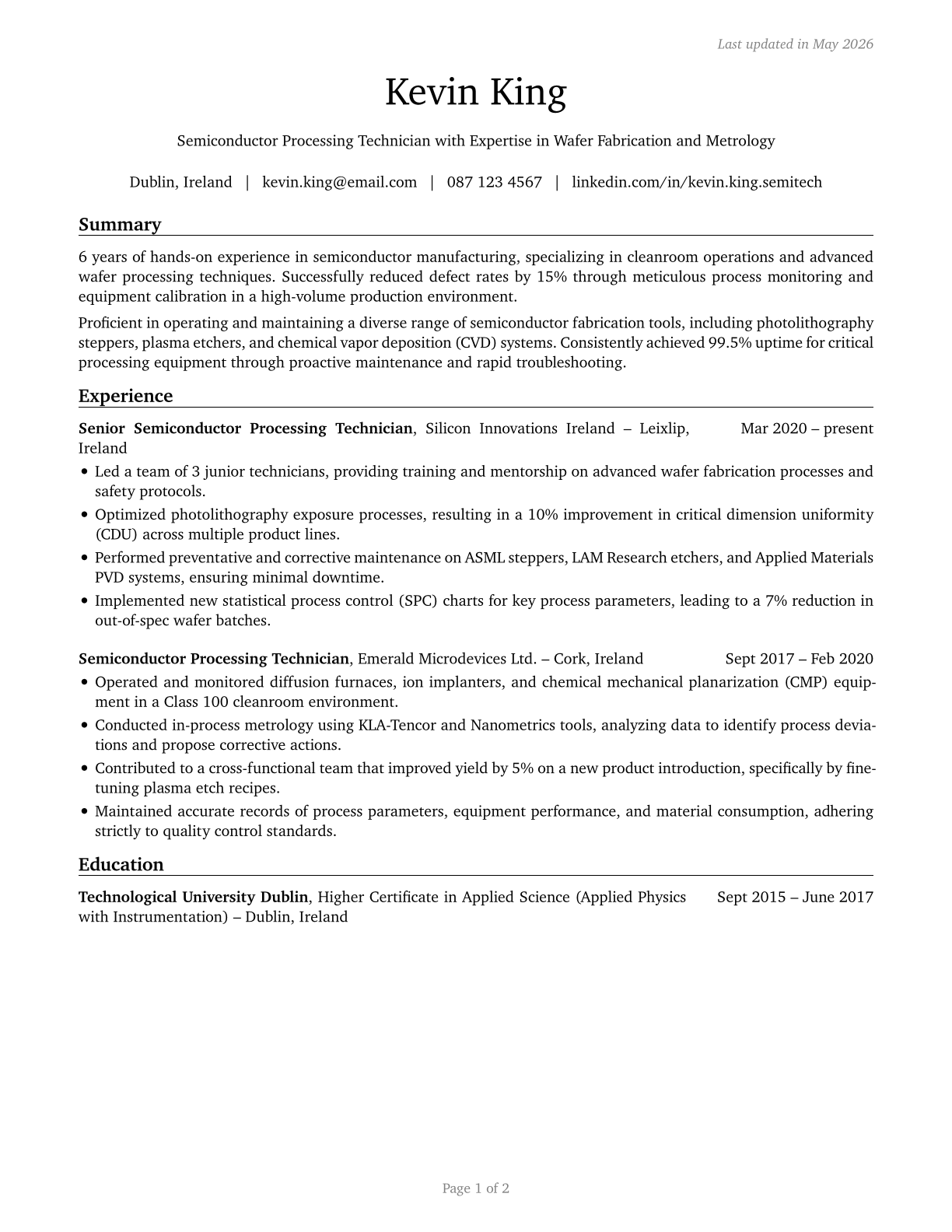 Semiconductor Processing Technicians CV in English — page 1