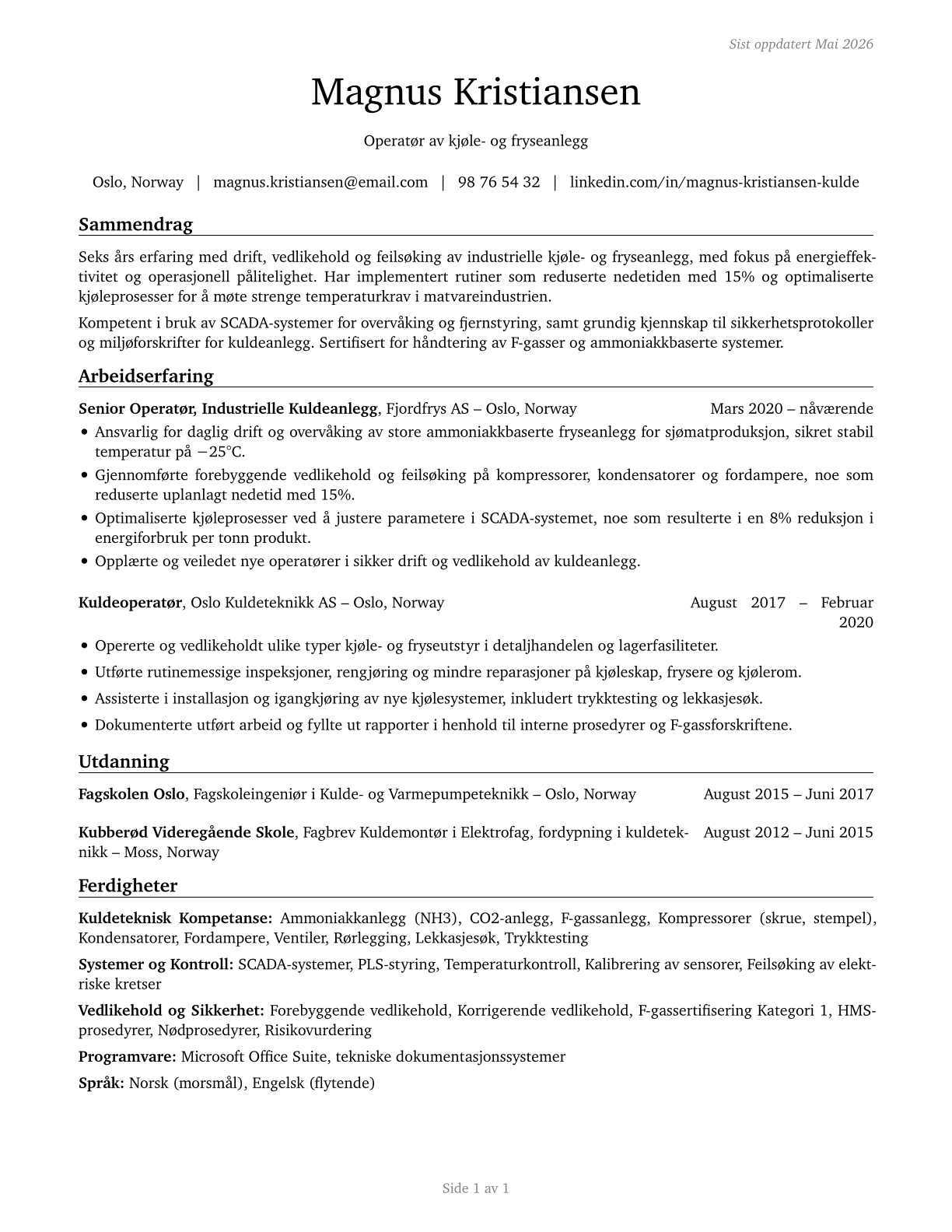 Cooling and Freezing Equipment Operators and Tenders CV in Norwegian_bokmal — page 1