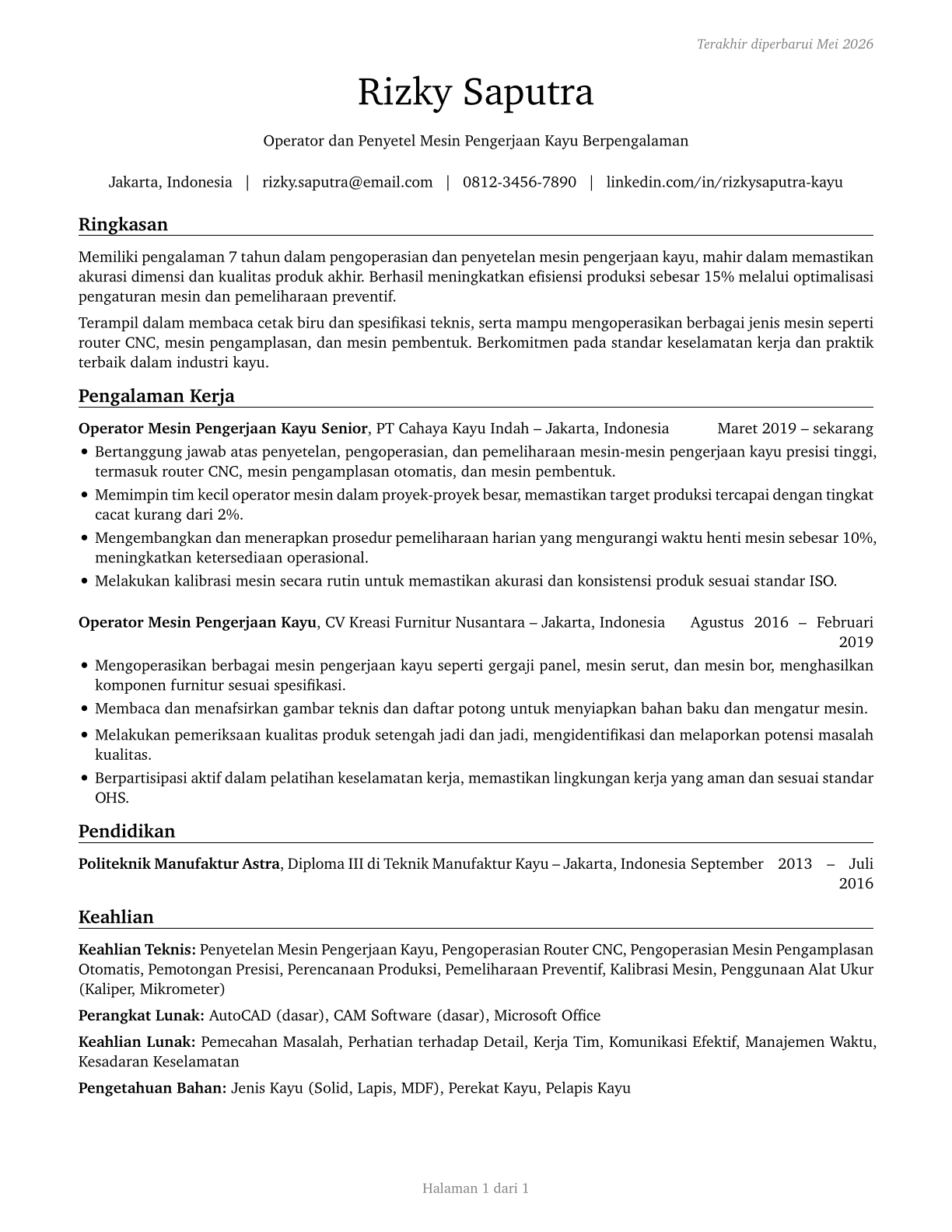 Woodworking Machine Setters, Operators, and Tenders, Except Sawing CV in Indonesian — page 1