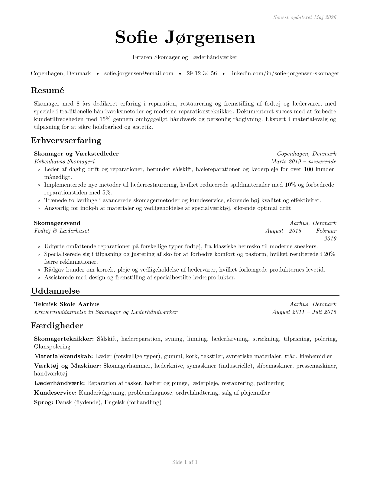 Shoe and Leather Workers and Repairers CV in Danish — page 1