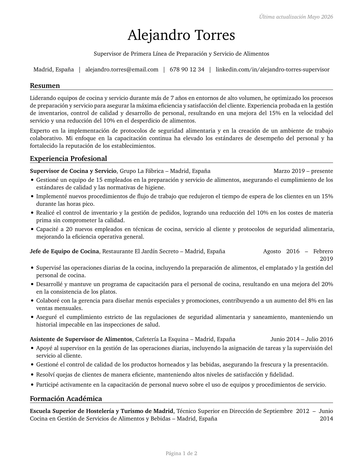 First-Line Supervisors of Food Preparation and Serving Workers CV in Spanish — page 1