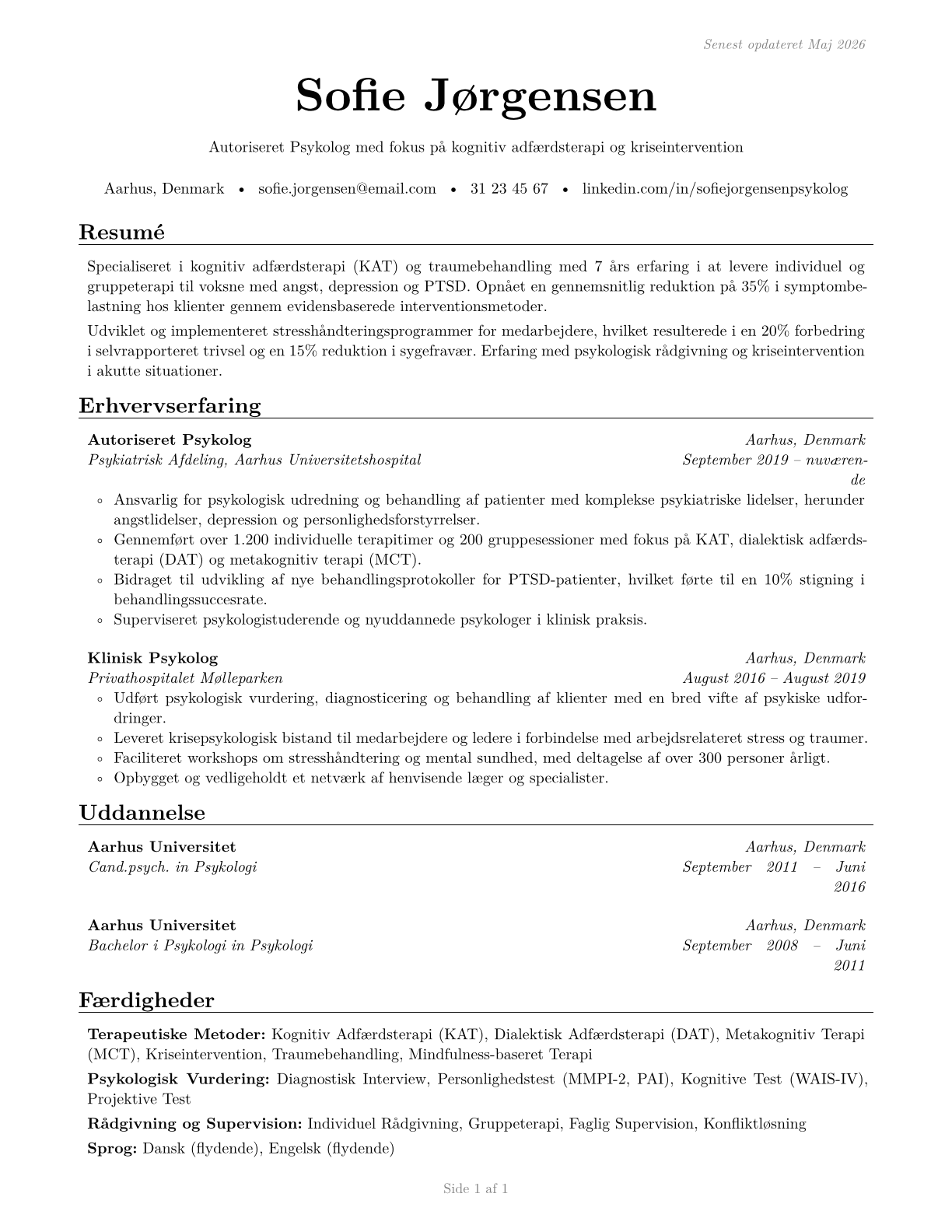 Psychologists, All Other CV in Danish — page 1