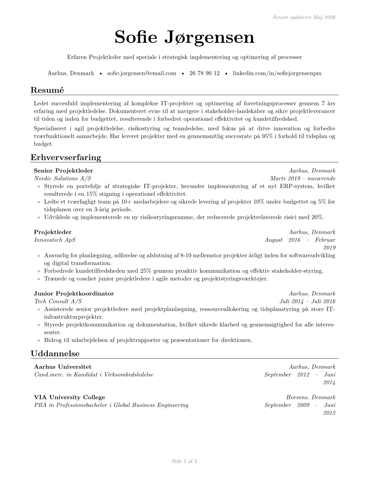 Project Management Specialists CV in Danish — page 1