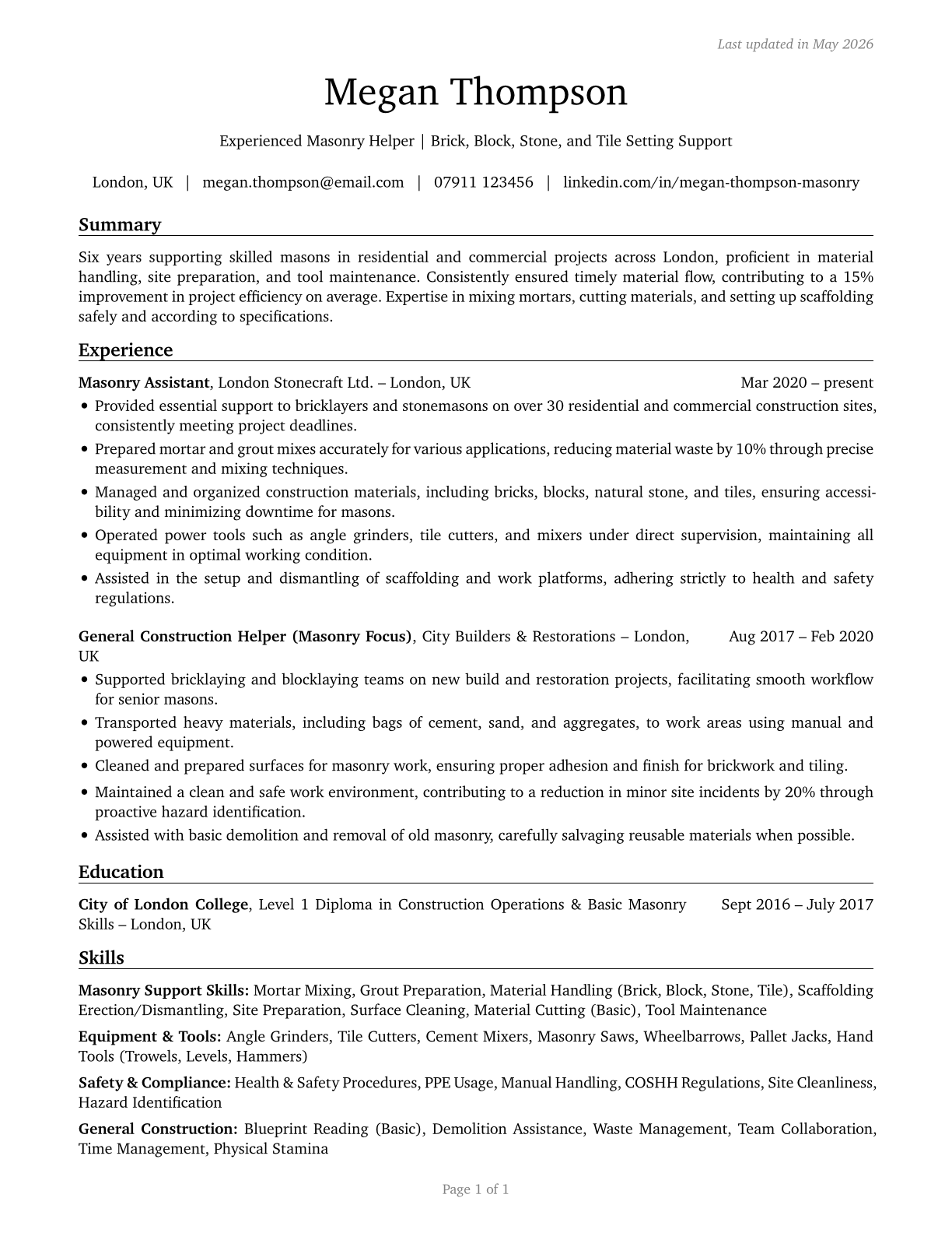 Helpers--Brickmasons, Blockmasons, Stonemasons, and Tile and Marble Setters CV in English — page 1