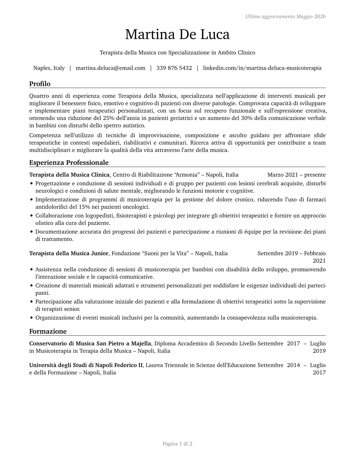 Music Therapists CV in Italian — page 1
