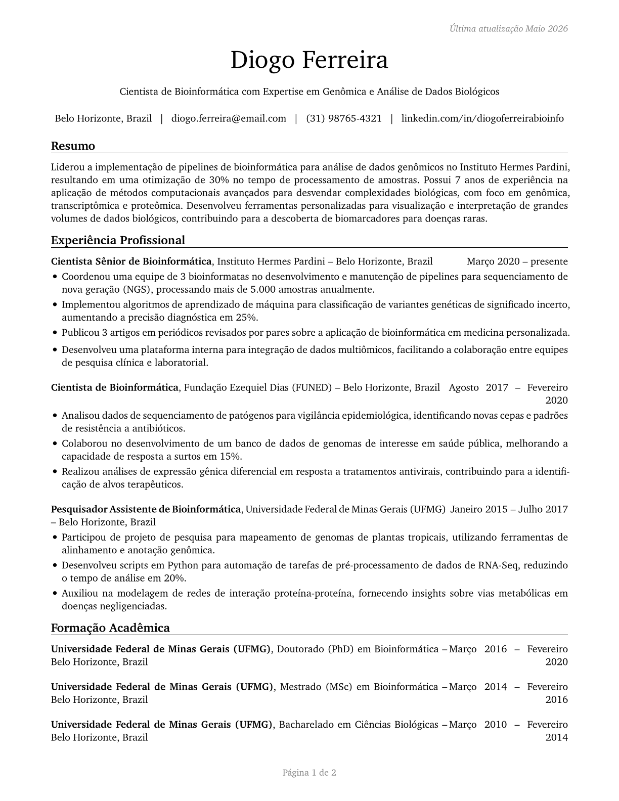 Bioinformatics Scientists CV in Portuguese — page 1