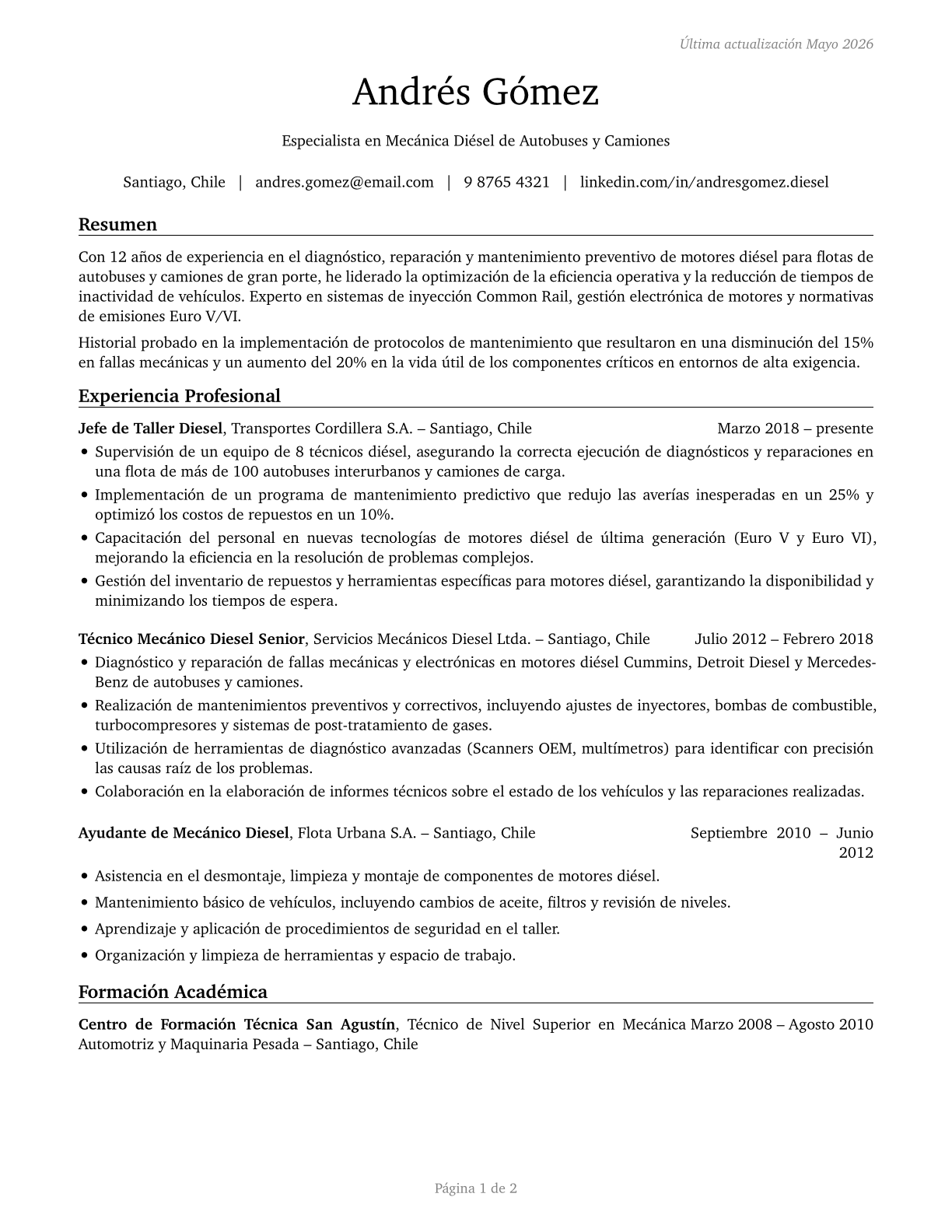 Bus and Truck Mechanics and Diesel Engine Specialists CV in Spanish — page 1