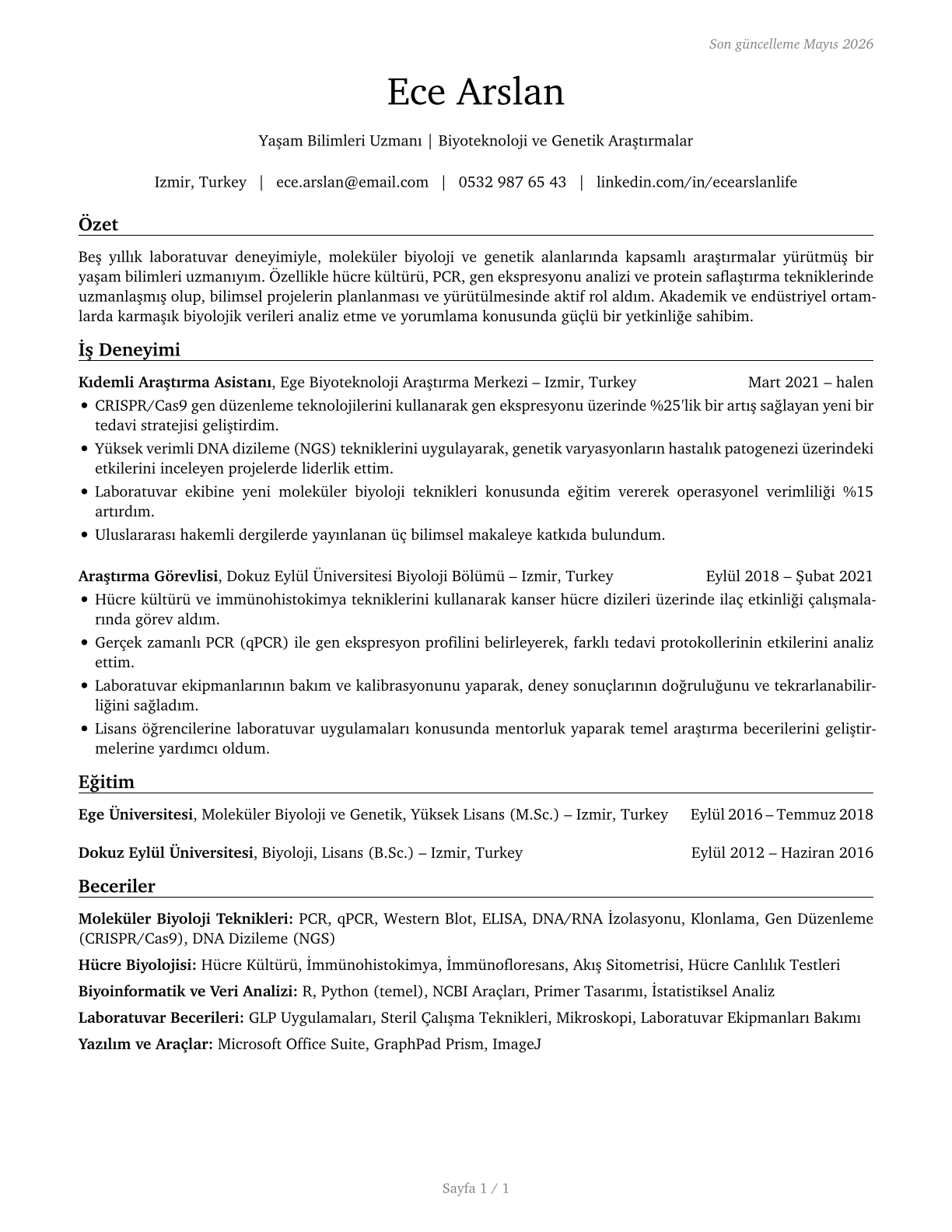 Life Scientists, All Other CV in Turkish — page 1