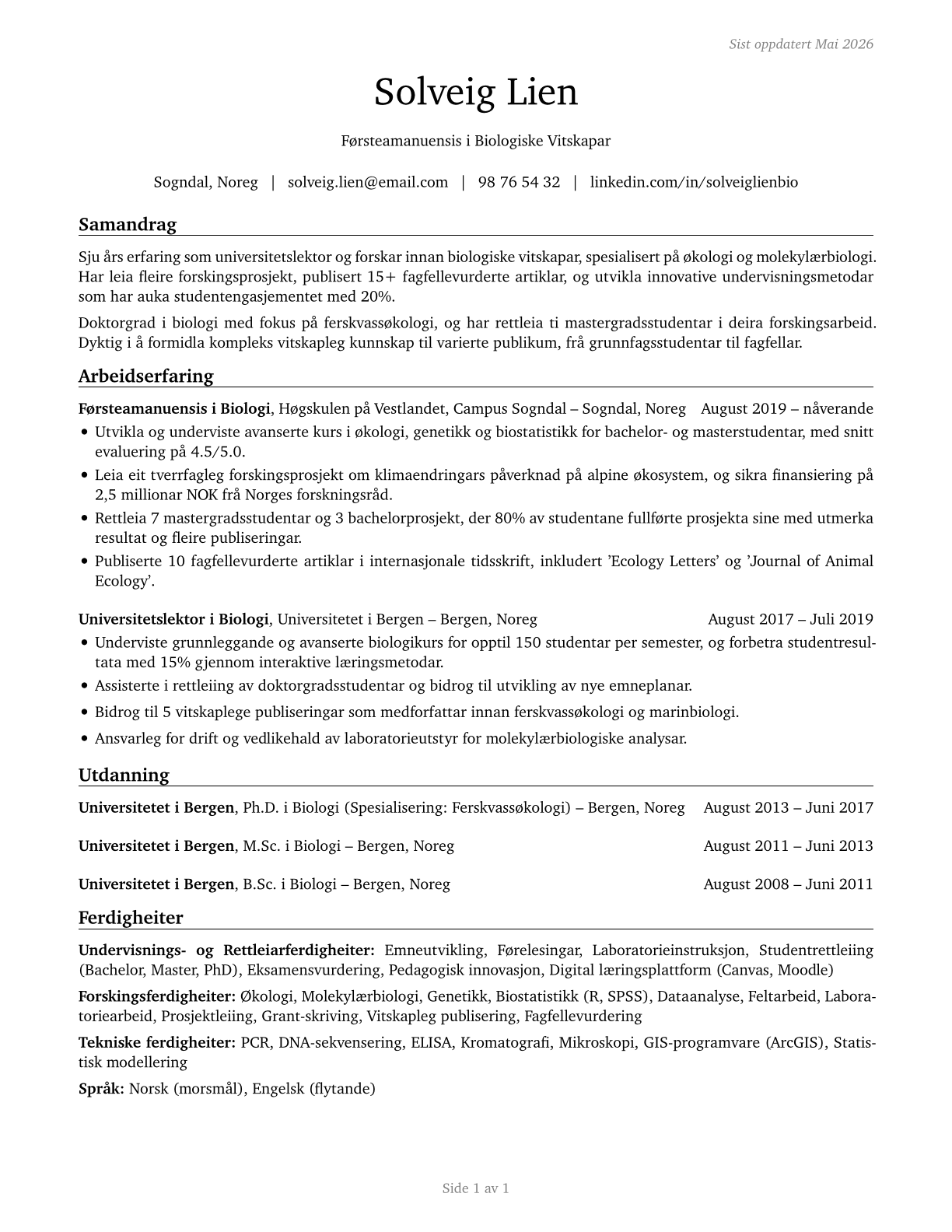 Biological Science Teachers, Postsecondary CV in Norwegian_nynorsk — page 1