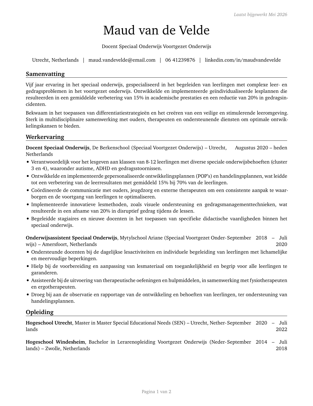 Special Education Teachers, Secondary School CV in Dutch — page 1