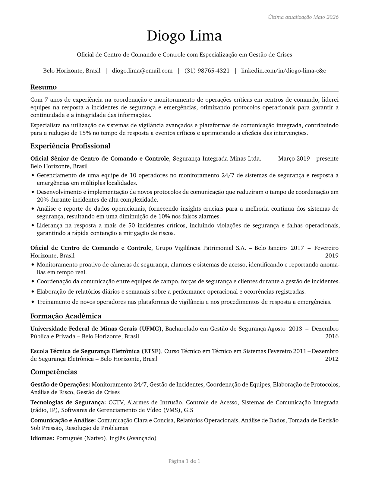 Command and Control Center Officers CV in Portuguese — page 1