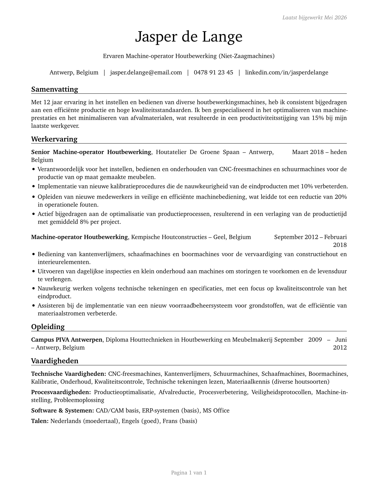 Woodworking Machine Setters, Operators, and Tenders, Except Sawing CV in Dutch — page 1