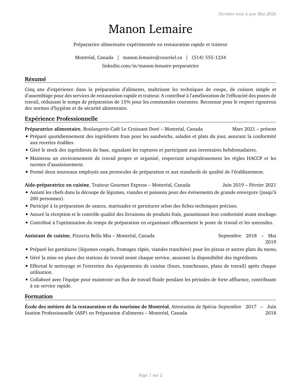 Food Preparation Workers CV in French — page 1